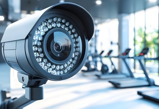 Eine Nahaufnahme einer Überwachungskamera, die ein modernes Fitnessstudio überblickt und die Verschmelzung von Fitness und Überwachung im Alltag einfängt.