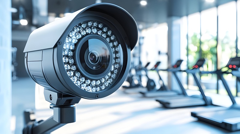 Eine Nahaufnahme einer Überwachungskamera, die ein modernes Fitnessstudio überblickt und die Verschmelzung von Fitness und Überwachung im Alltag einfängt.