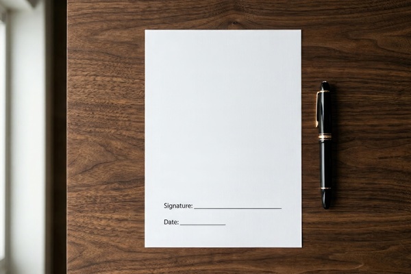 Leeres Unterschriftenformular mit Stift auf einem Holzschreibtisch