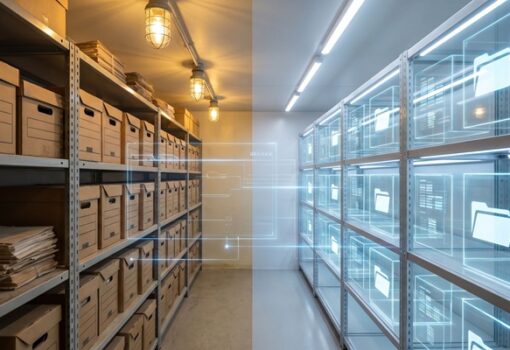 Archivraum mit Pappkarton und digitaler Dateiwand, der papierloses Büro, Dokumentenscanning und sichere Archivdigitalisierung veranschaulicht.