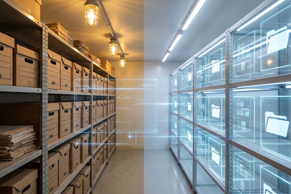 Archivraum mit Pappkarton und digitaler Dateiwand, der papierloses Büro, Dokumentenscanning und sichere Archivdigitalisierung veranschaulicht.