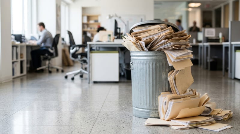 Papierakten im Müll in einem Büro