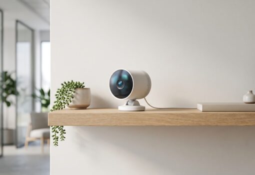 Kompakte Sicherheitskamera für den Innenbereich auf einem minimalistischen Regal für intelligente Heimüberwachung und Fernüberwachung