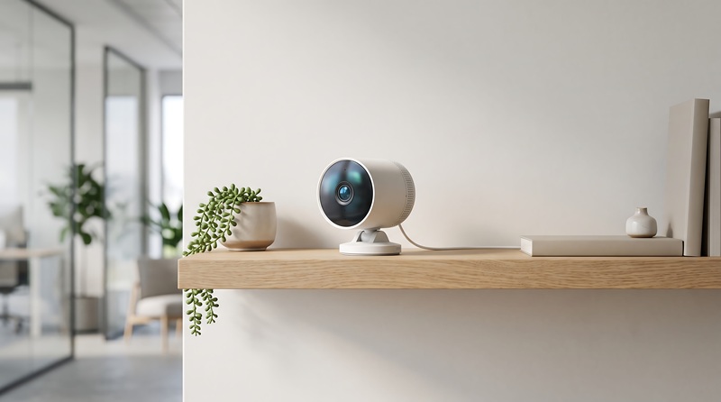Kompakte Sicherheitskamera für den Innenbereich auf einem minimalistischen Regal für intelligente Heimüberwachung und Fernüberwachung